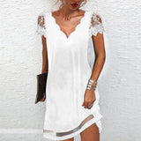 Dames Robe Courte Manches Courtes en Dentelle avec Col en V et Ligne A