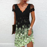 Dames Robe Courte Manches Courtes en Dentelle avec Col en V et Ligne A