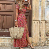 Femme Robe Longue Style Bohème avec Ceinture et Coupe Maxi