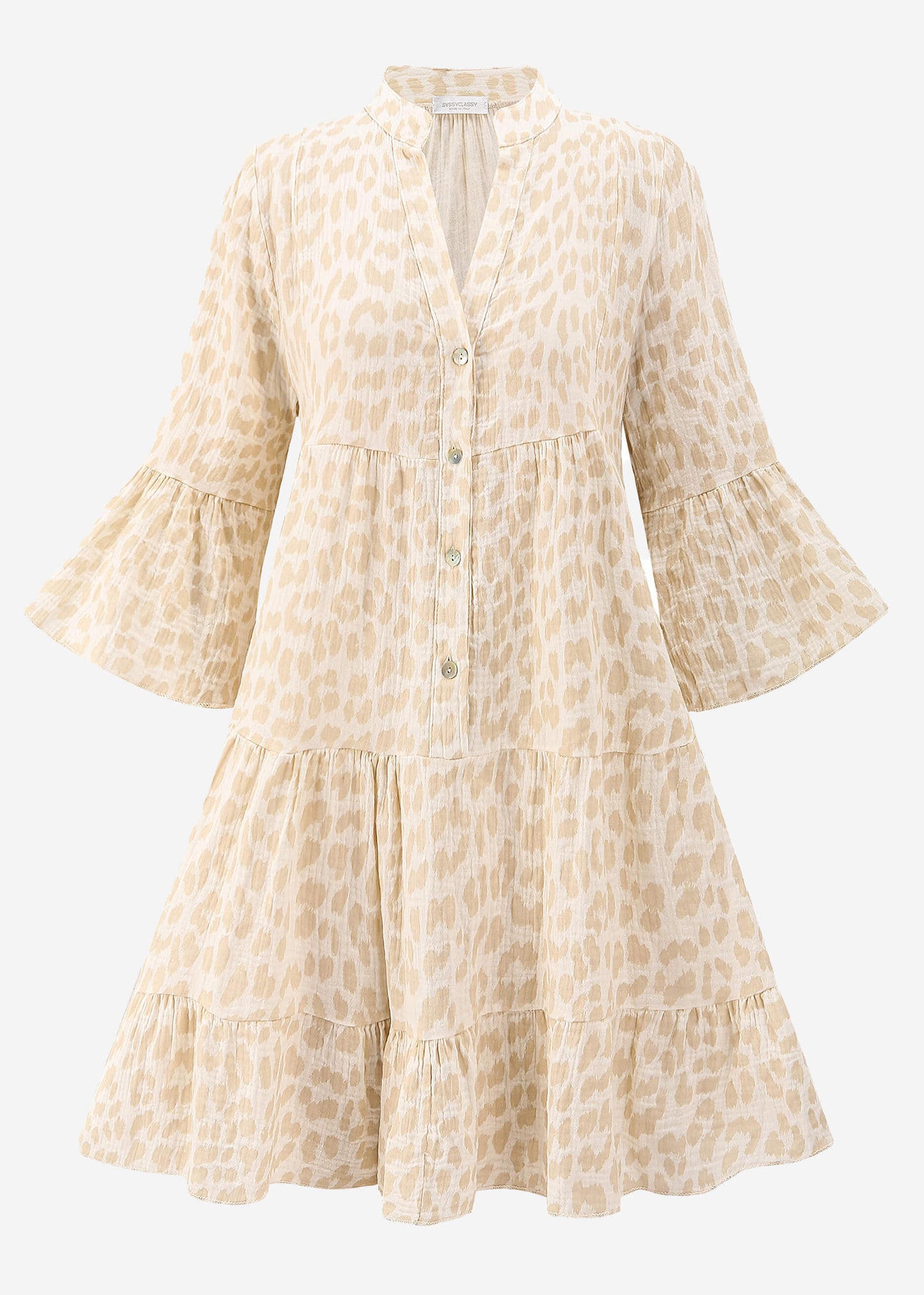 Robe Femme à Imprimé Léopard avec Col Montant, Décolleté en V et Manches 3/4 à Volants