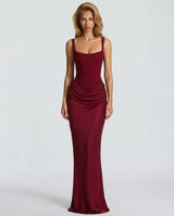 Femme Robe Longue Corset Moulante avec Col Carré et Drapé sur les Hanches