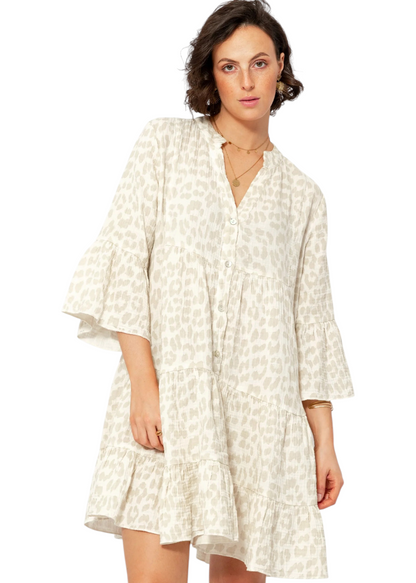 Robe Femme à Imprimé Léopard avec Col Montant, Décolleté en V et Manches 3/4 à Volants