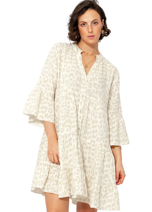 Robe Femme à Imprimé Léopard avec Col Montant, Décolleté en V et Manches 3/4 à Volants
