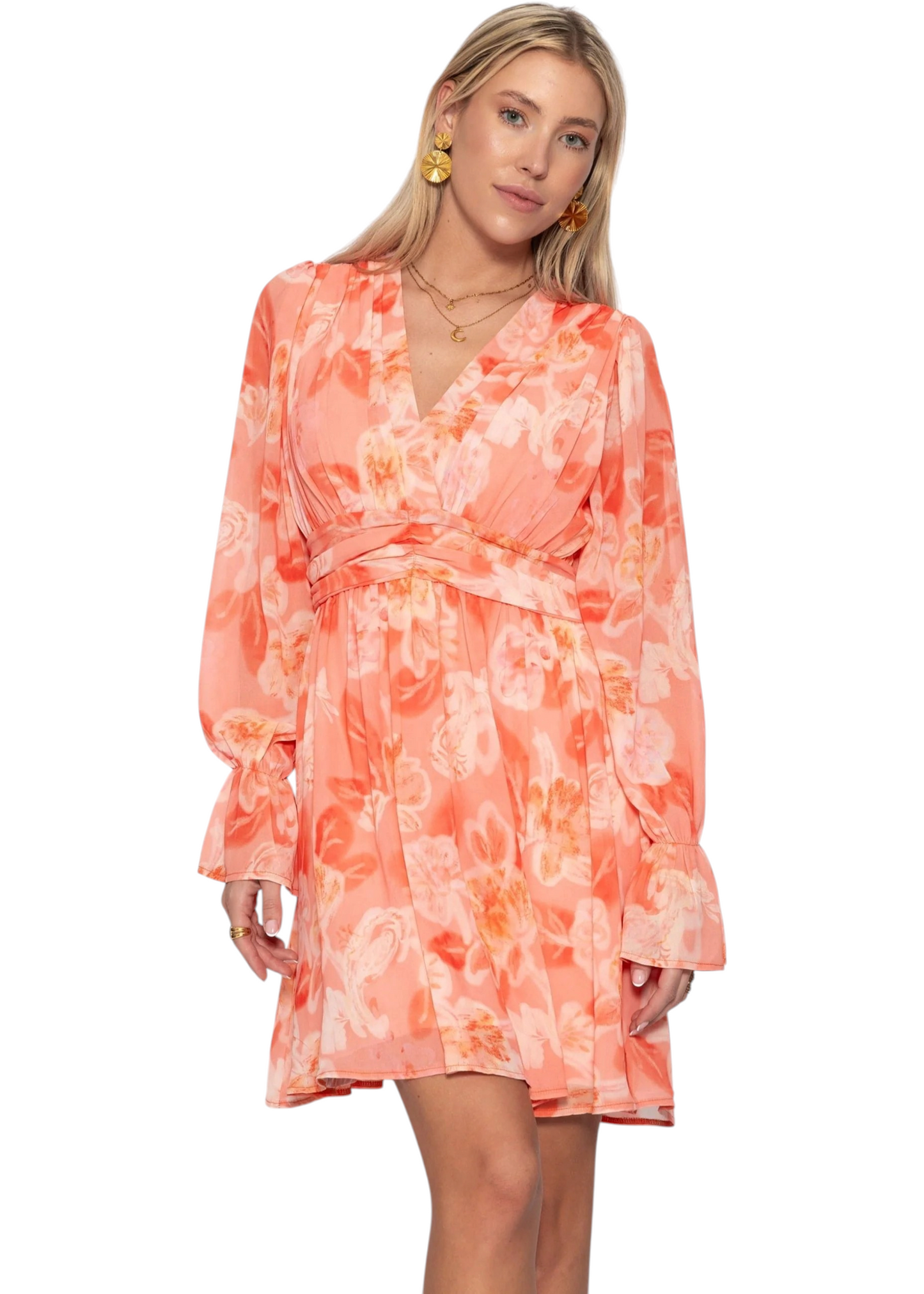 Robe Femme à Manches Longues Cache-Cœur avec Col en V et Imprimé Floral