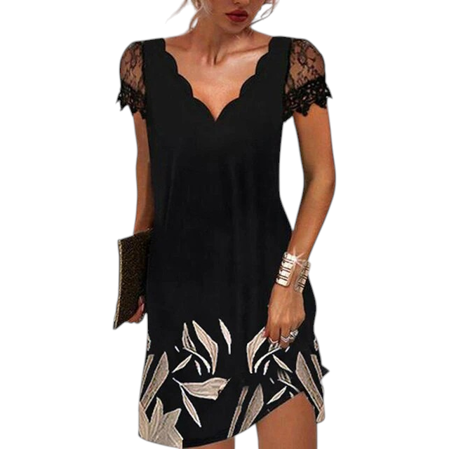 Dames Robe Courte Manches Courtes en Dentelle avec Col en V et Ligne A