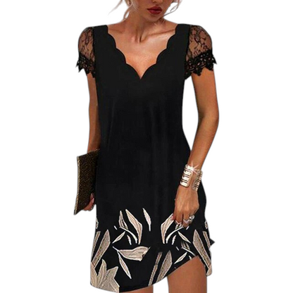Dames Robe Courte Manches Courtes en Dentelle avec Col en V et Ligne A