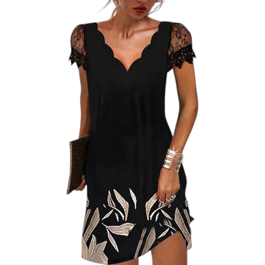 Dames Robe Courte Manches Courtes en Dentelle avec Col en V et Ligne A