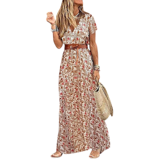 Femme Robe Longue Style Bohème avec Ceinture et Coupe Maxi