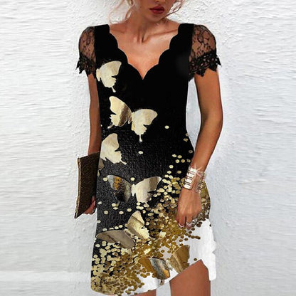 Dames Robe Courte Manches Courtes en Dentelle avec Col en V et Ligne A