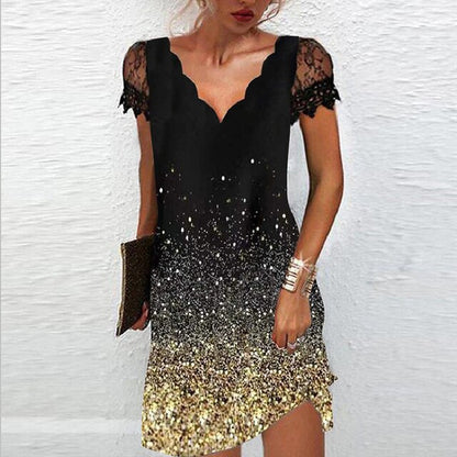 Dames Robe Courte Manches Courtes en Dentelle avec Col en V et Ligne A