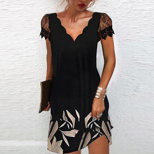 Dames Robe Courte Manches Courtes en Dentelle avec Col en V et Ligne A
