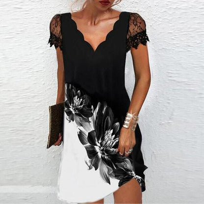 Dames Robe Courte Manches Courtes en Dentelle avec Col en V et Ligne A