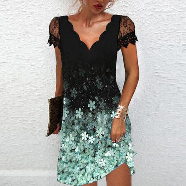 Dames Robe Courte Manches Courtes en Dentelle avec Col en V et Ligne A