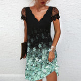 Dames Robe Courte Manches Courtes en Dentelle avec Col en V et Ligne A