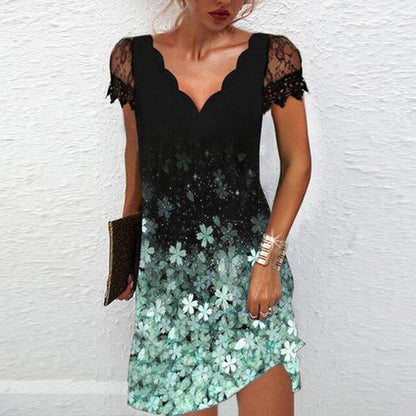 Dames Robe Courte Manches Courtes en Dentelle avec Col en V et Ligne A