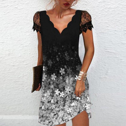 Dames Robe Courte Manches Courtes en Dentelle avec Col en V et Ligne A