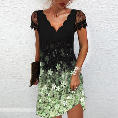 Dames Robe Courte Manches Courtes en Dentelle avec Col en V et Ligne A