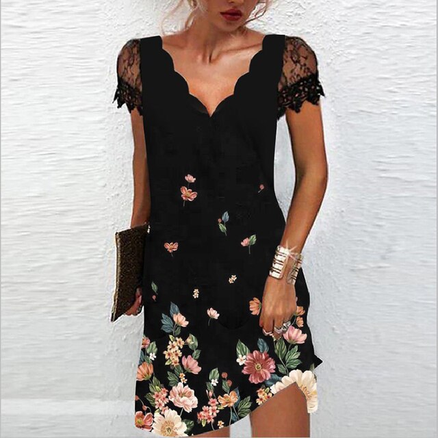 Dames Robe Courte Manches Courtes en Dentelle avec Col en V et Ligne A