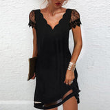 Dames Robe Courte Manches Courtes en Dentelle avec Col en V et Ligne A