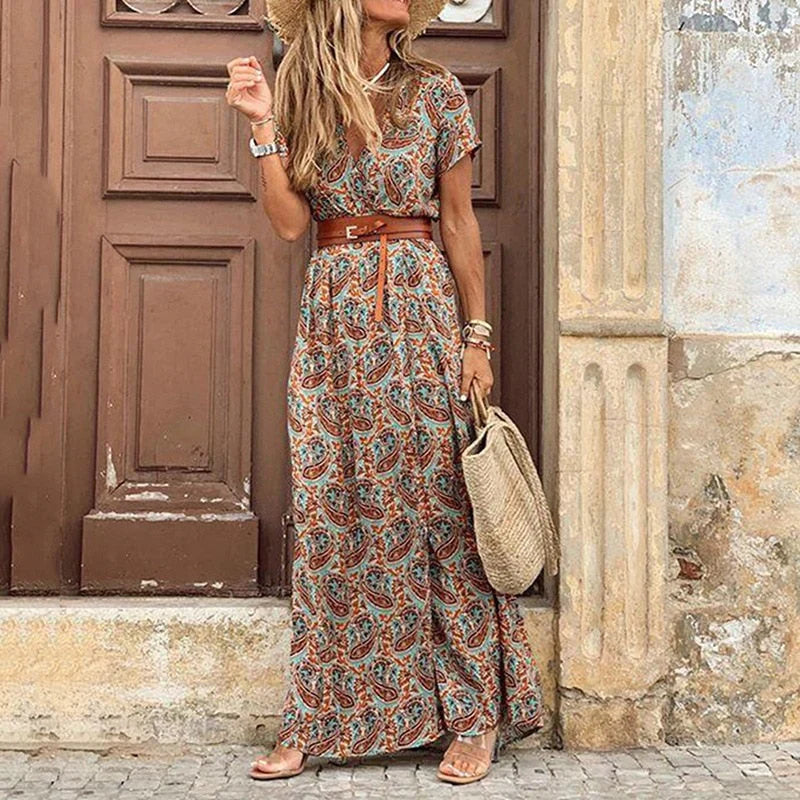 Femme Robe Longue Style Bohème avec Ceinture et Coupe Maxi