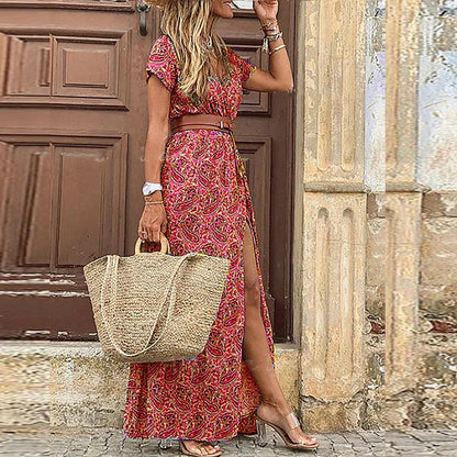 Femme Robe Longue Style Bohème avec Ceinture et Coupe Maxi