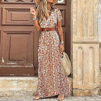 Femme Robe Longue Style Bohème avec Ceinture et Coupe Maxi