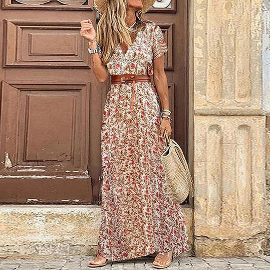 Femme Robe Longue Style Bohème avec Ceinture et Coupe Maxi
