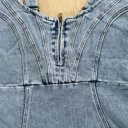 Robe en Jean Femme Mi-longue avec Bretelles Réglables, Col Rond et Fente Latérale