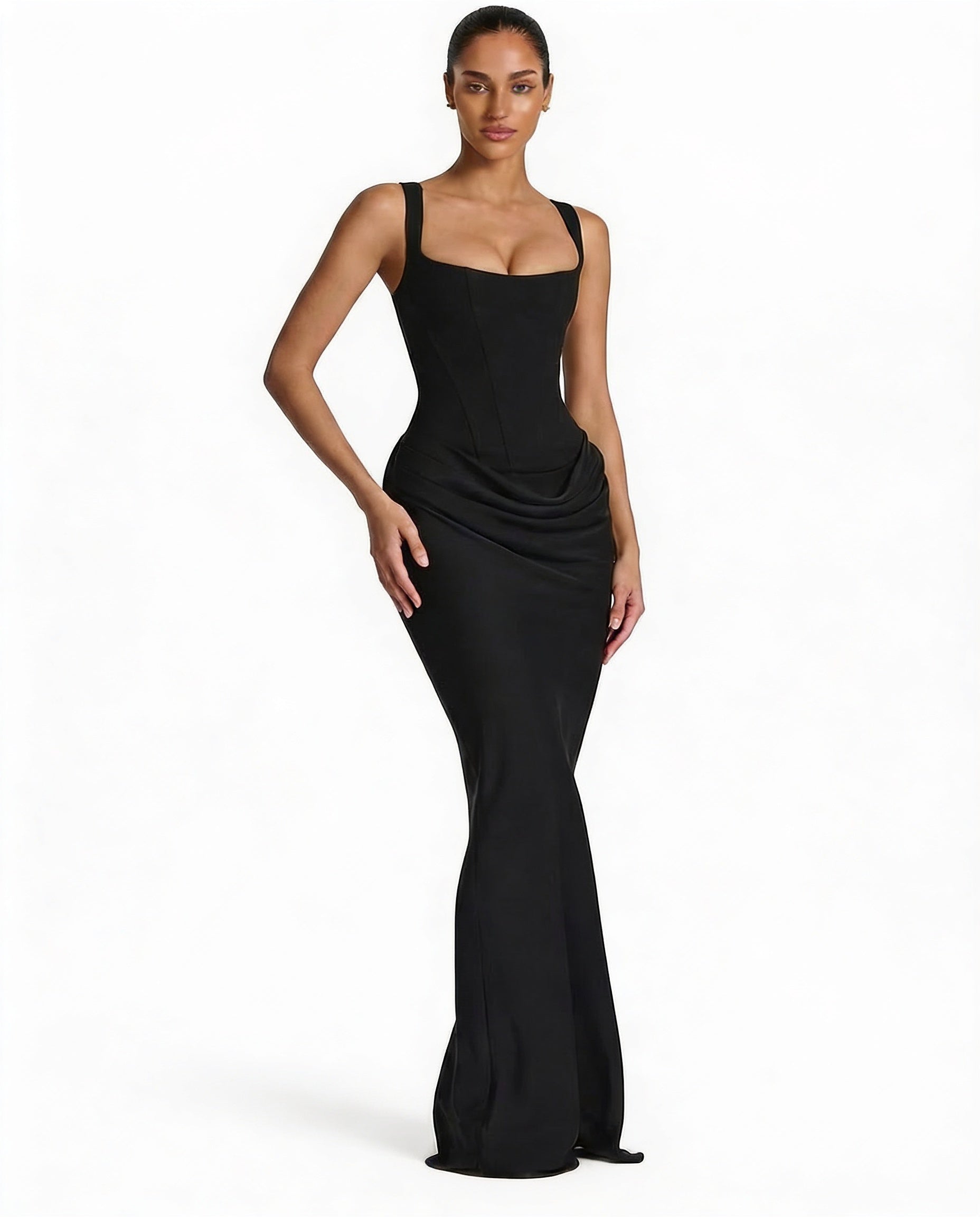 Femme Robe Longue Corset Moulante avec Col Carré et Drapé sur les Hanches