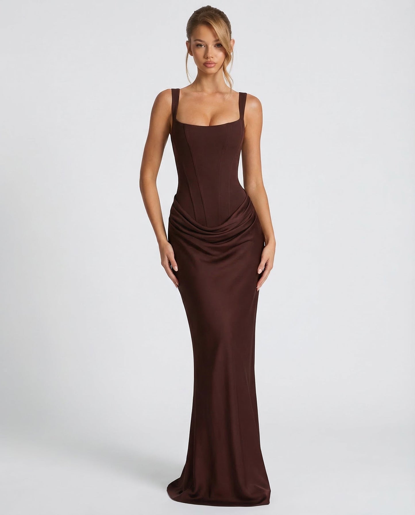 Femme Robe Longue Corset Moulante avec Col Carré et Drapé sur les Hanches