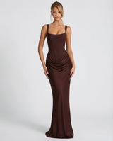Femme Robe Longue Corset Moulante avec Col Carré et Drapé sur les Hanches
