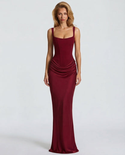 Femme Robe Longue Corset Moulante avec Col Carré et Drapé sur les Hanches