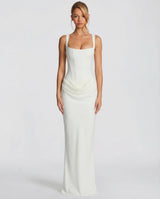 Femme Robe Longue Corset Moulante avec Col Carré et Drapé sur les Hanches