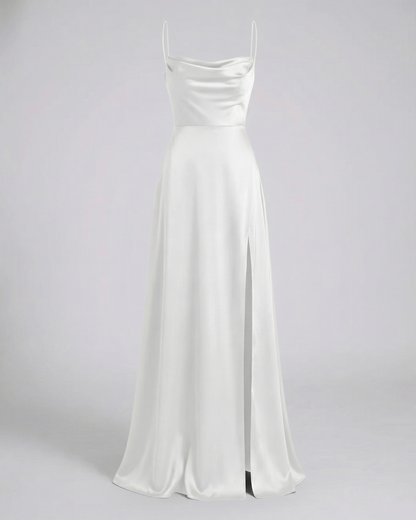 Femme Robe Longue de Soirée sans Manches avec Encolure Drapée et Fente Latérale