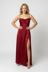 Femme Robe Longue de Soirée sans Manches avec Encolure Drapée et Fente Latérale