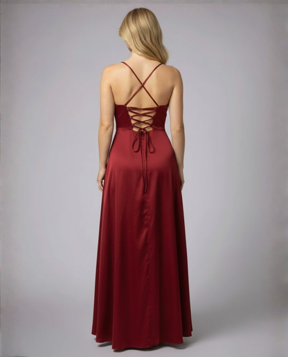 Femme Robe Longue de Soirée sans Manches avec Encolure Drapée et Fente Latérale