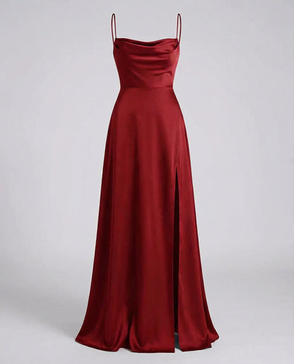 Femme Robe Longue de Soirée sans Manches avec Encolure Drapée et Fente Latérale