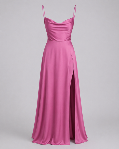 Femme Robe Longue de Soirée sans Manches avec Encolure Drapée et Fente Latérale