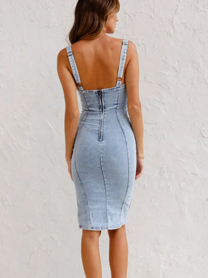 Robe en Jean Femme Mi-longue avec Bretelles Réglables, Col Rond et Fente Latérale