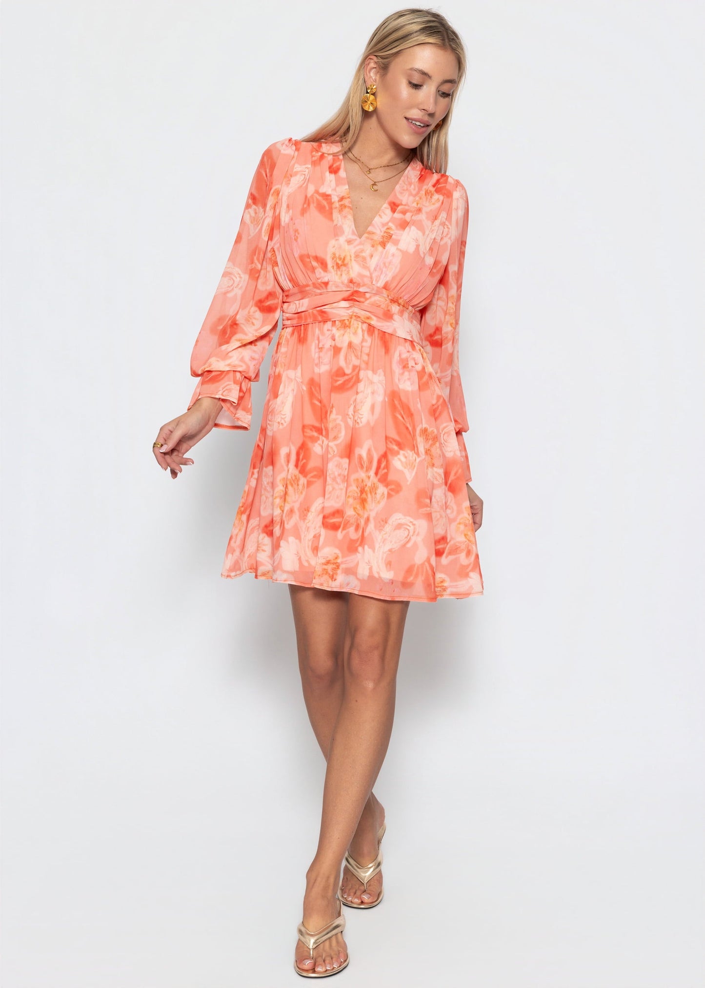 Robe Femme à Manches Longues Cache-Cœur avec Col en V et Imprimé Floral