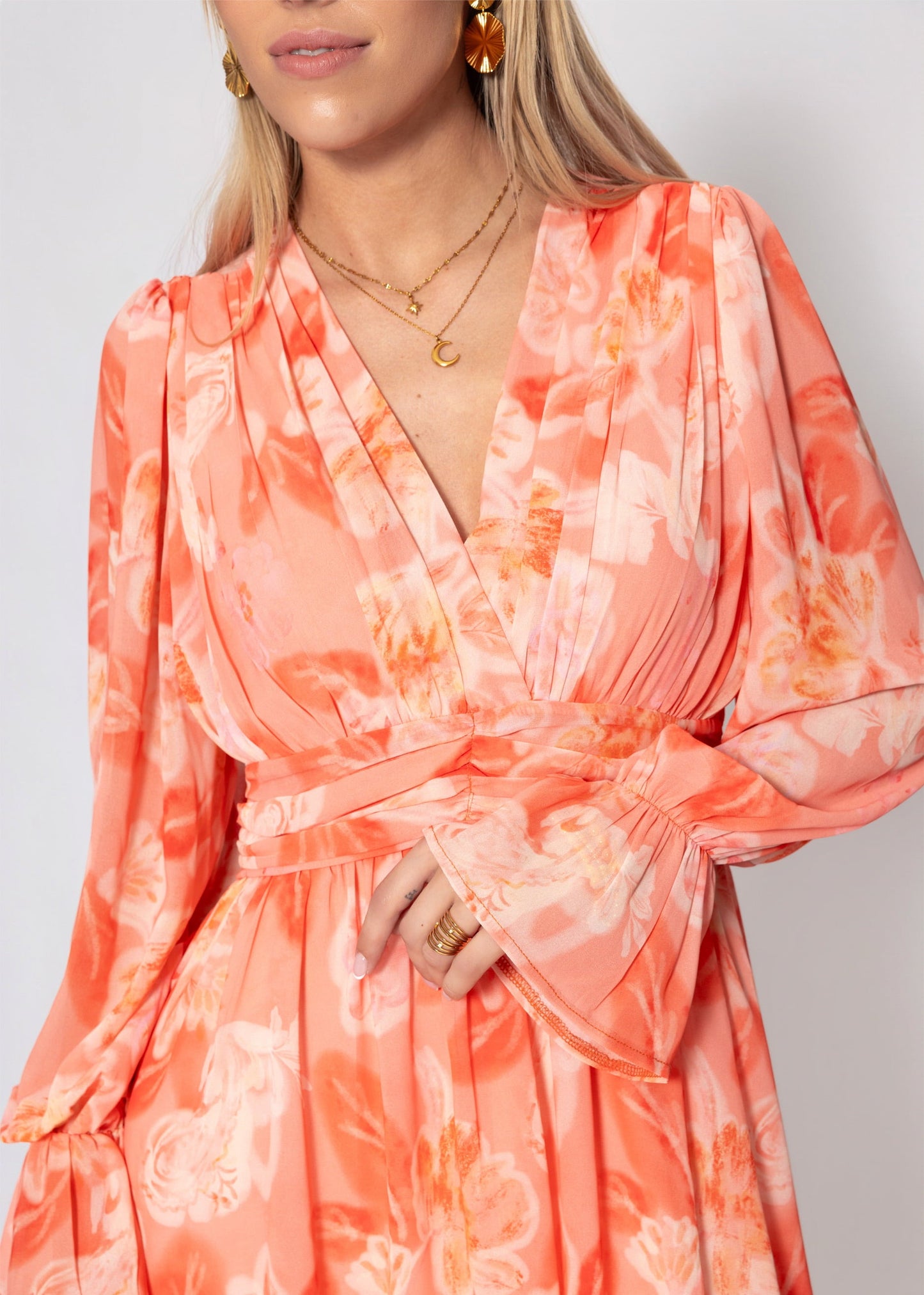 Robe Femme à Manches Longues Cache-Cœur avec Col en V et Imprimé Floral