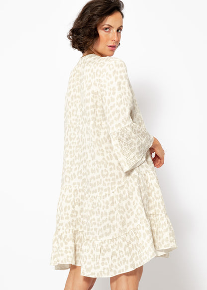Robe Femme à Imprimé Léopard avec Col Montant, Décolleté en V et Manches 3/4 à Volants