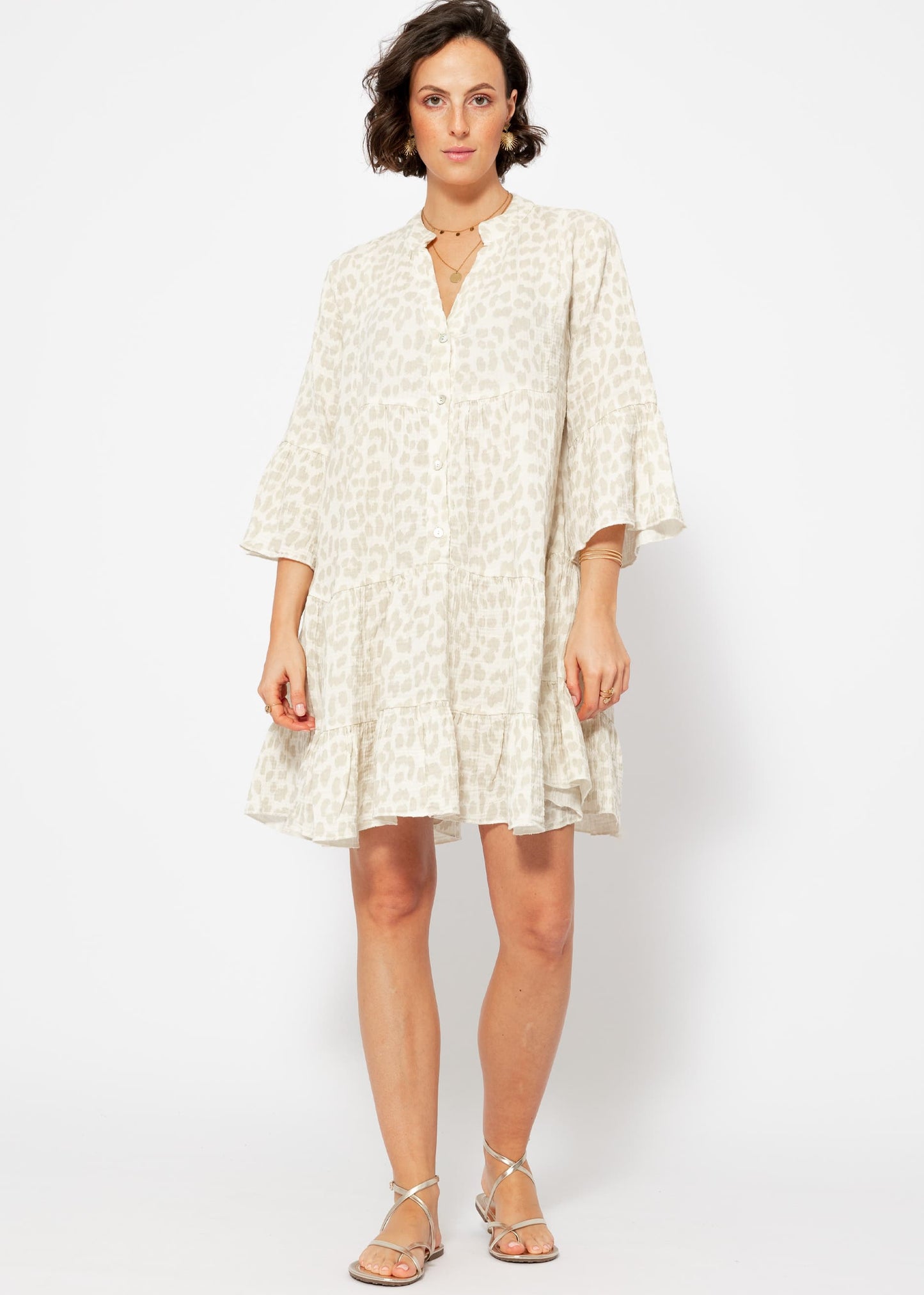 Robe Femme à Imprimé Léopard avec Col Montant, Décolleté en V et Manches 3/4 à Volants