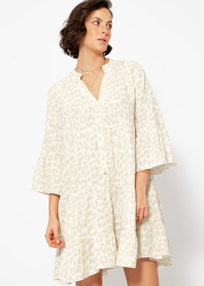 Robe Femme à Imprimé Léopard avec Col Montant, Décolleté en V et Manches 3/4 à Volants