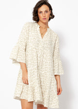 Robe Femme à Imprimé Léopard avec Col Montant, Décolleté en V et Manches 3/4 à Volants