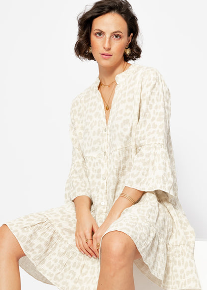 Robe Femme à Imprimé Léopard avec Col Montant, Décolleté en V et Manches 3/4 à Volants